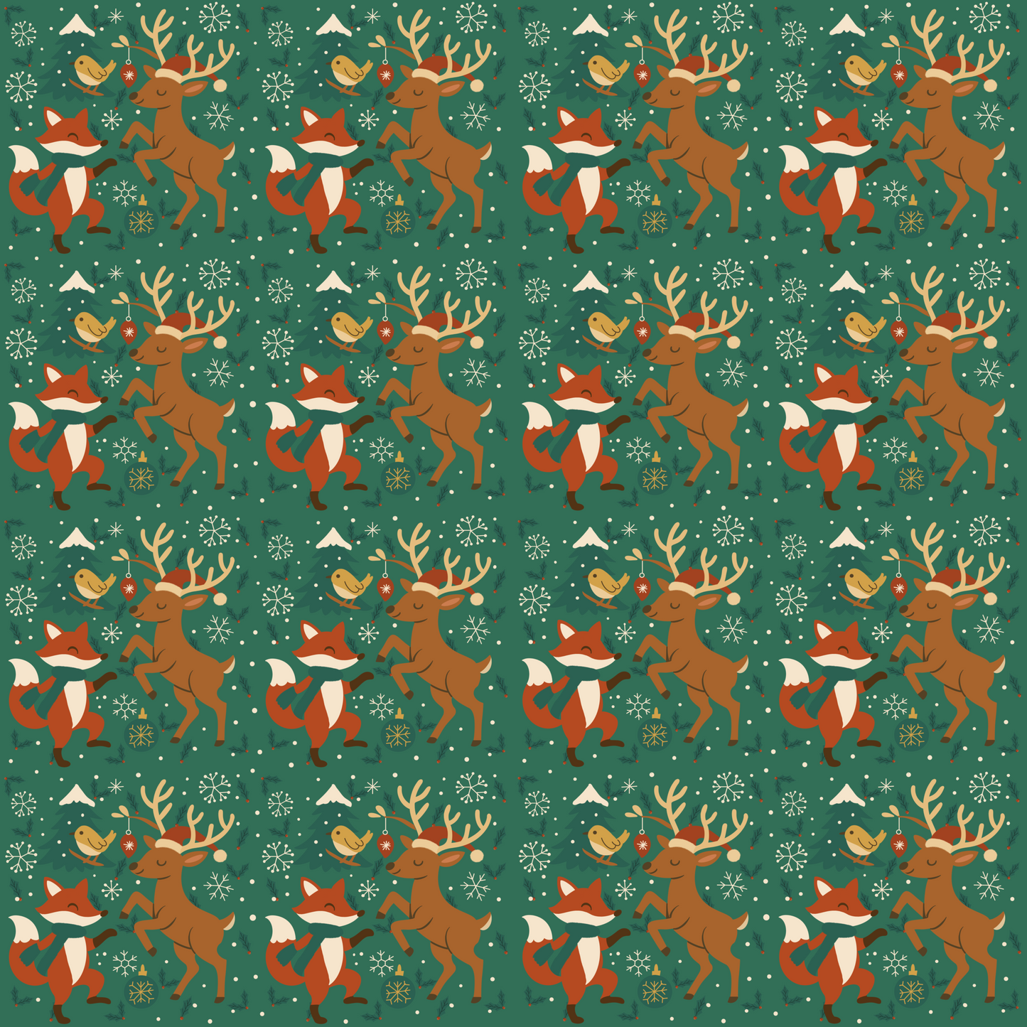 Festive Woodland Animals | Christmas Seamless Pattern | Hand Drawn | Digital Download | Commercial Use | Repeating Design | High Resolution (12X12 Inch, 300 DPI)