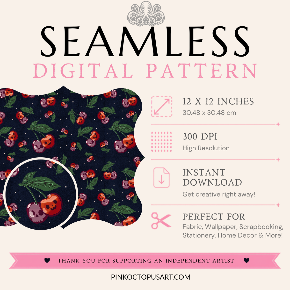 Halloween Cherry Seamless Pattern with Pumpkins & Skulls – 12x12” 300 DPI Digital Download