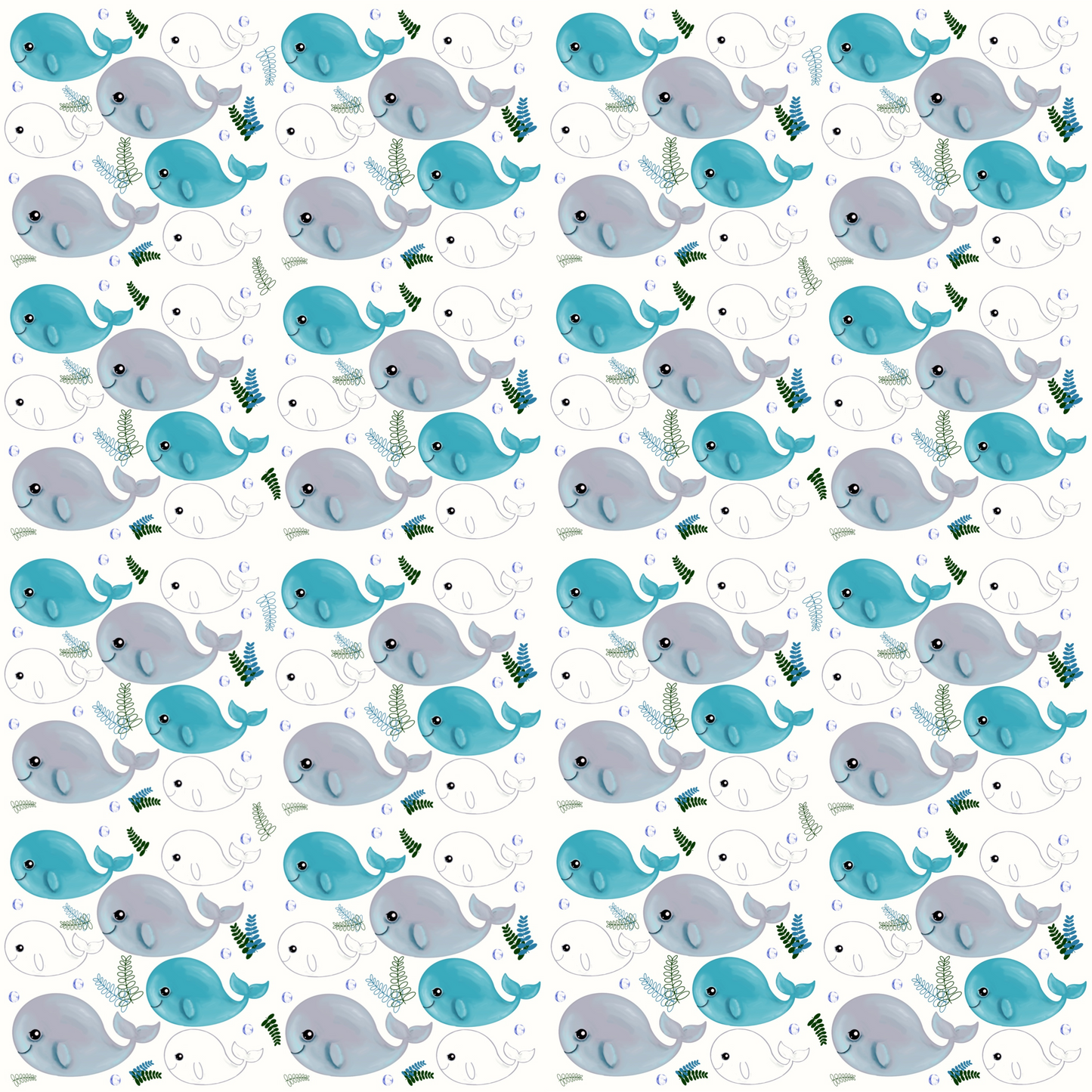 Whales Swimming| Seamless Pattern | Hand Drawn | Digital Download | Commercial Use | Repeating Design | High Resolution (12X12 Inch, 300 DPI)