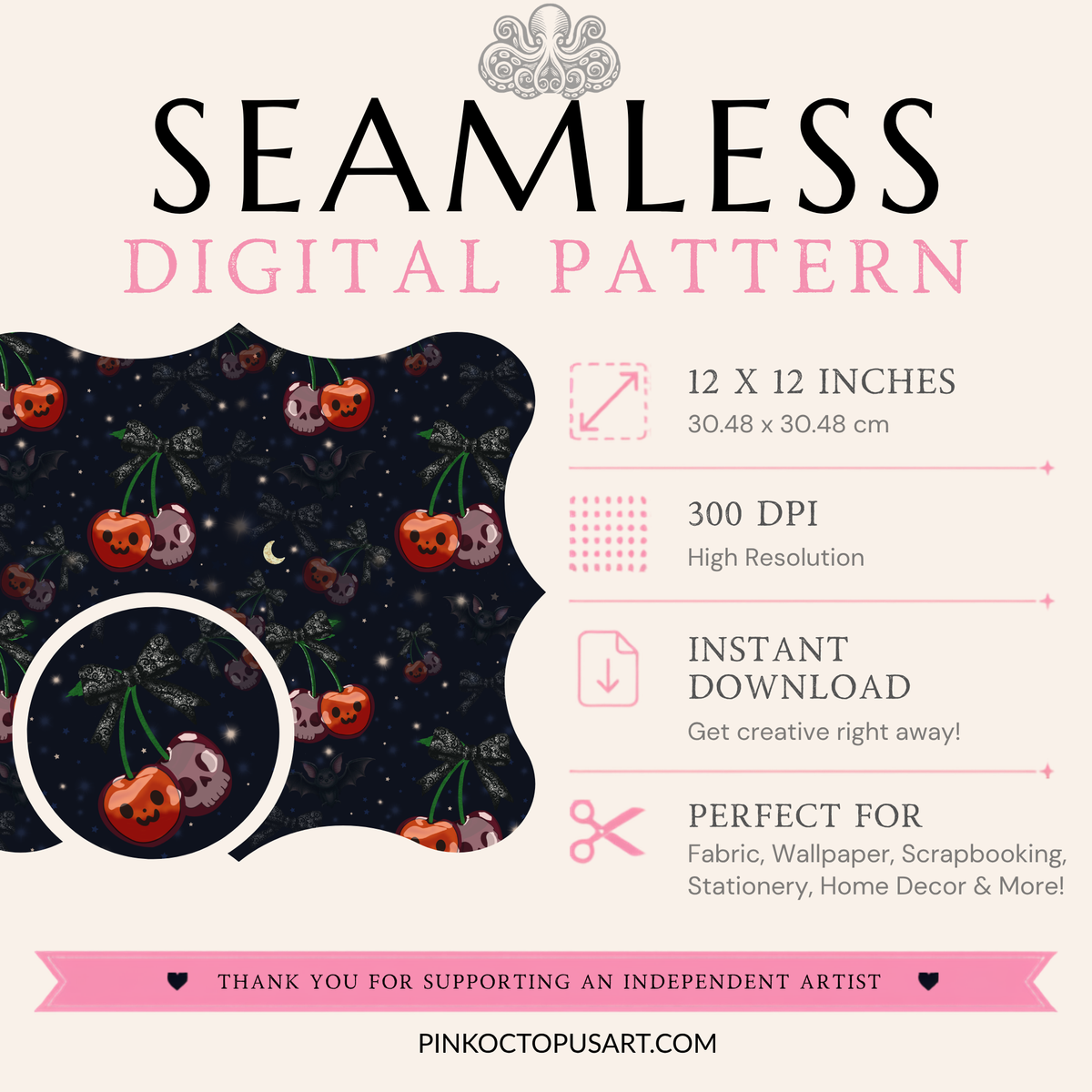 Halloween Cherry Seamless Pattern with Bats & Bows – 12x12” 300 DPI Digital Download