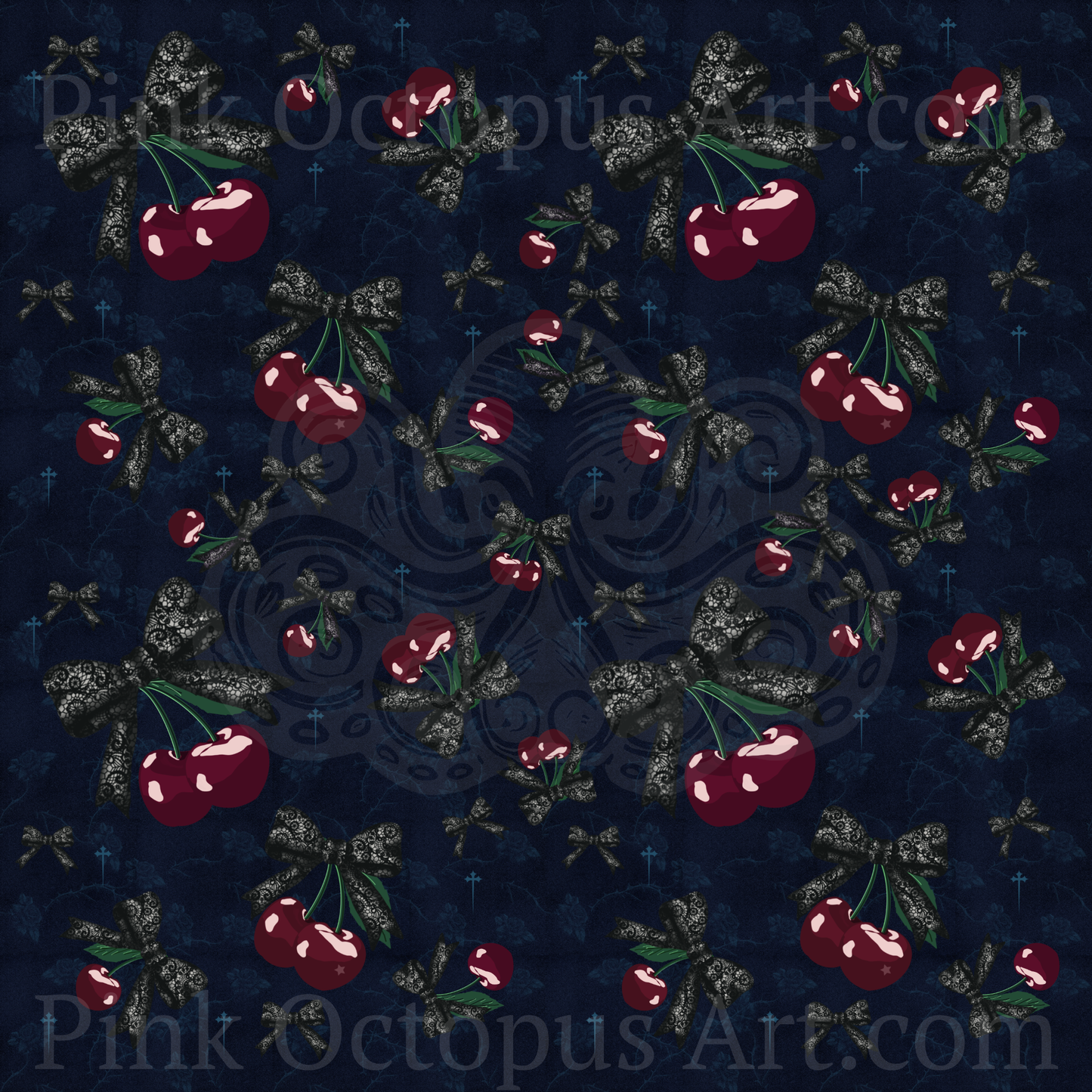 Gothic Cherry Seamless Pattern with Black Lace Bows – 12x12” 300 DPI Digital Download