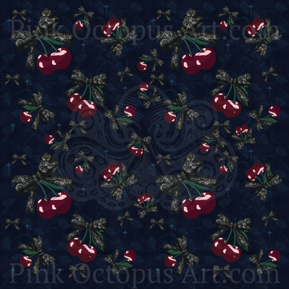Gothic Cherry Seamless Pattern with Black Lace Bows – 12x12” 300 DPI Digital Download