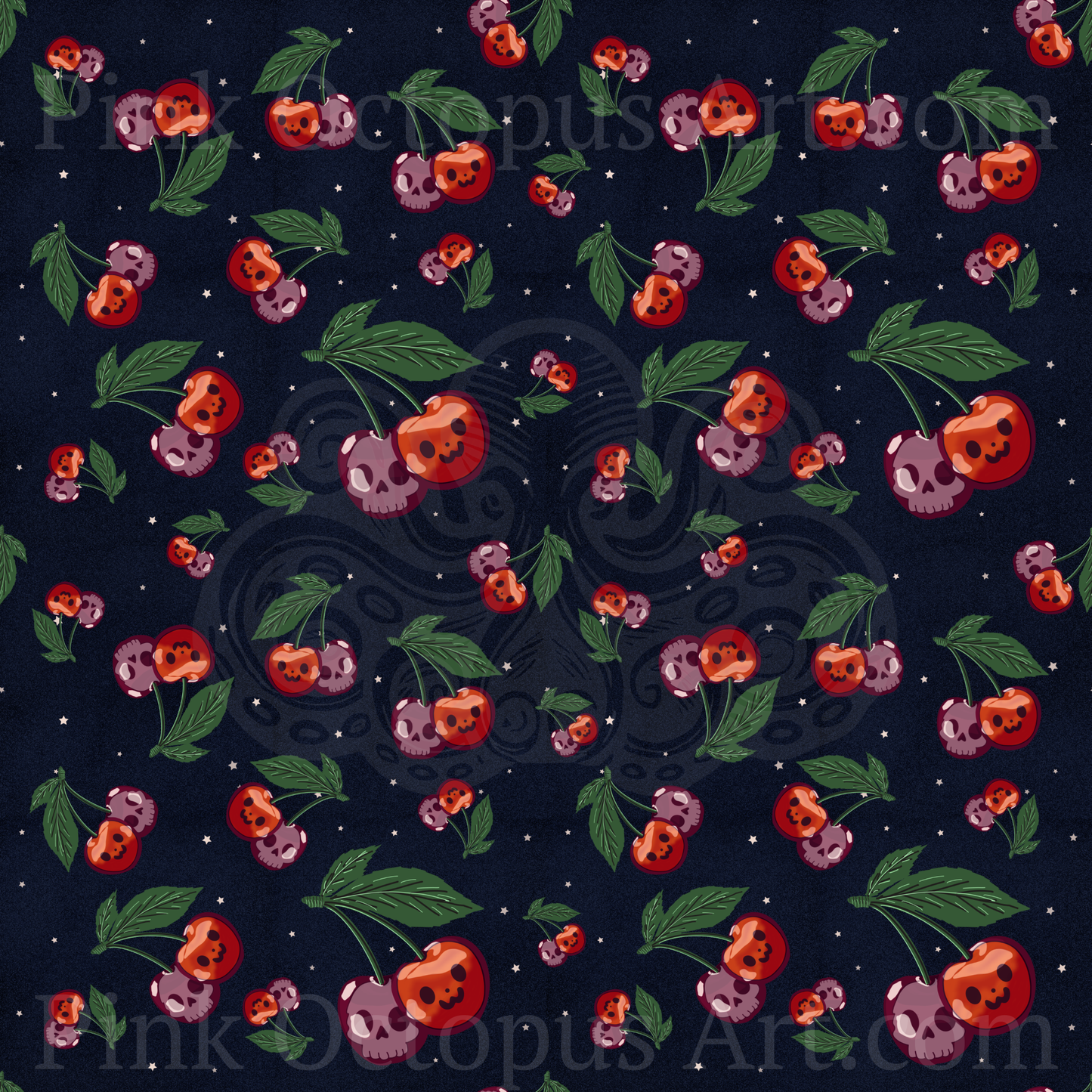 Halloween Cherry Seamless Pattern with Pumpkins & Skulls – 12x12” 300 DPI Digital Download
