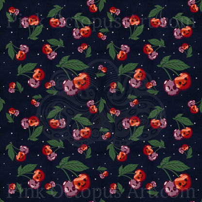 Halloween Cherry Seamless Pattern with Pumpkins & Skulls – 12x12” 300 DPI Digital Download