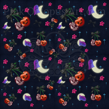 Cute Halloween Cherry Seamless Pattern with Ghosts & Moons – 12x12” 300 DPI Digital Download