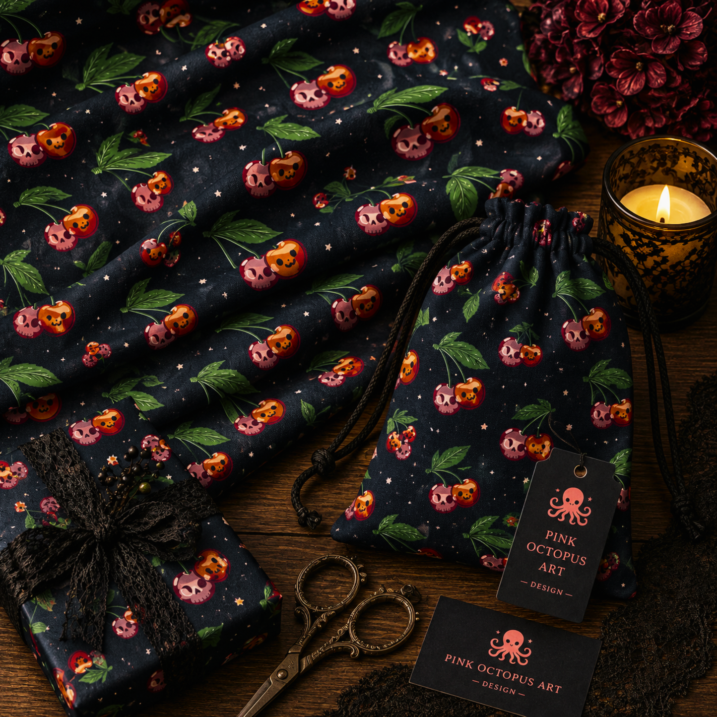 Halloween Cherry Seamless Pattern with Pumpkins & Skulls – 12x12” 300 DPI Digital Download