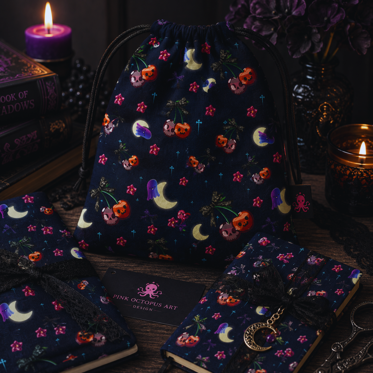 Cute Halloween Cherry Seamless Pattern with Ghosts & Moons – 12x12” 300 DPI Digital Download