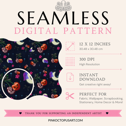 Cute Halloween Cherry Seamless Pattern with Ghosts & Moons – 12x12” 300 DPI Digital Download