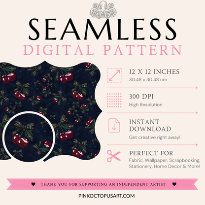 Gothic Cherry Seamless Pattern with Black Lace Bows – 12x12” 300 DPI Digital Download