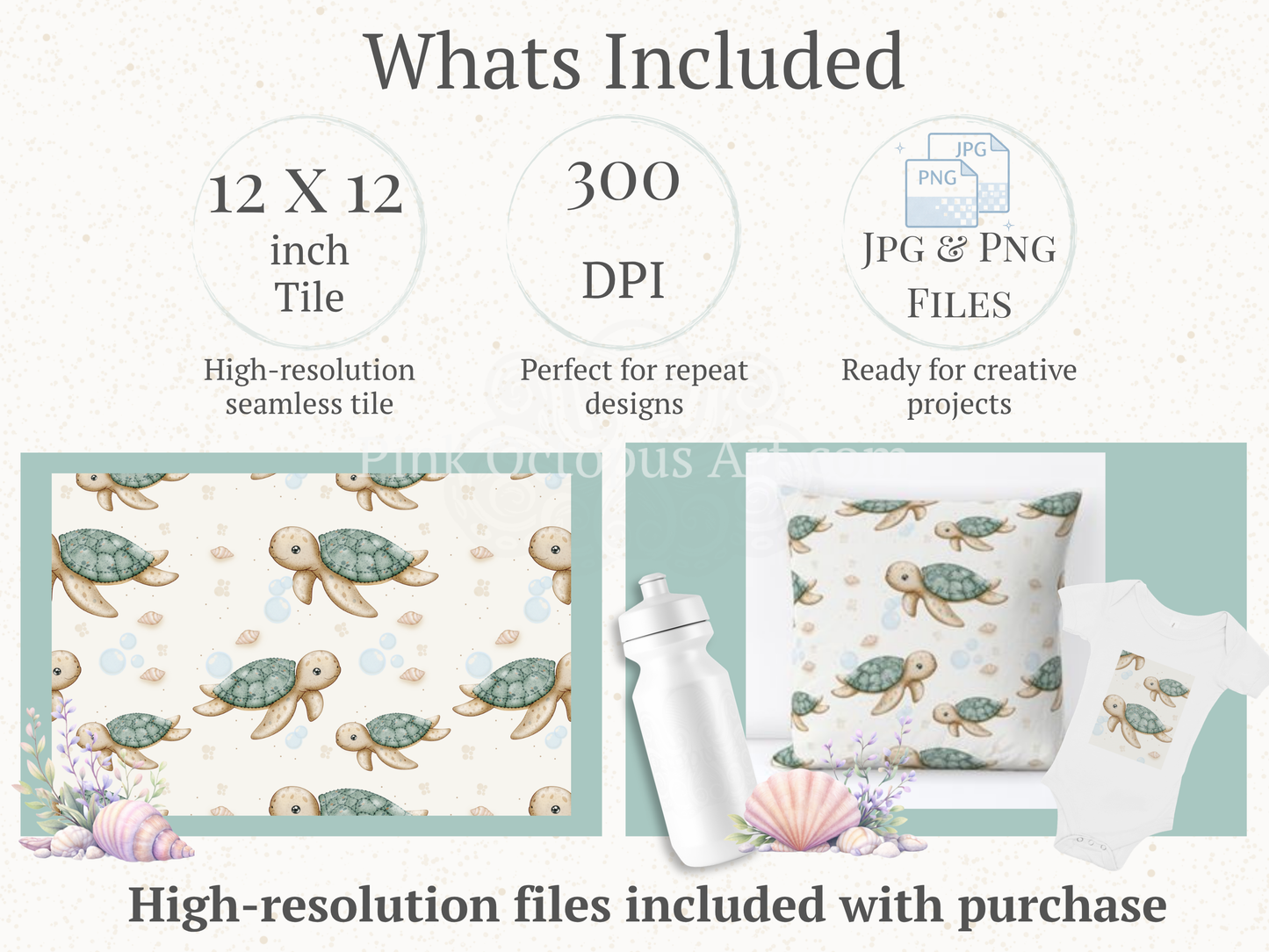 Sea Turtle Seamless Pattern – 12x12” 300 DPI Digital Download