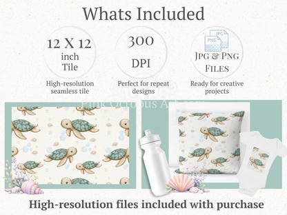 Sea Turtle Seamless Pattern – 12x12” 300 DPI Digital Download