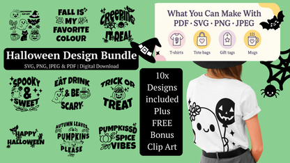 Halloween Digital Download Bundle | 10 SVG & Clipart Files | Cute Ghosts, Pumpkins, Bats, Ghosts & Spooky Elements for Crafts