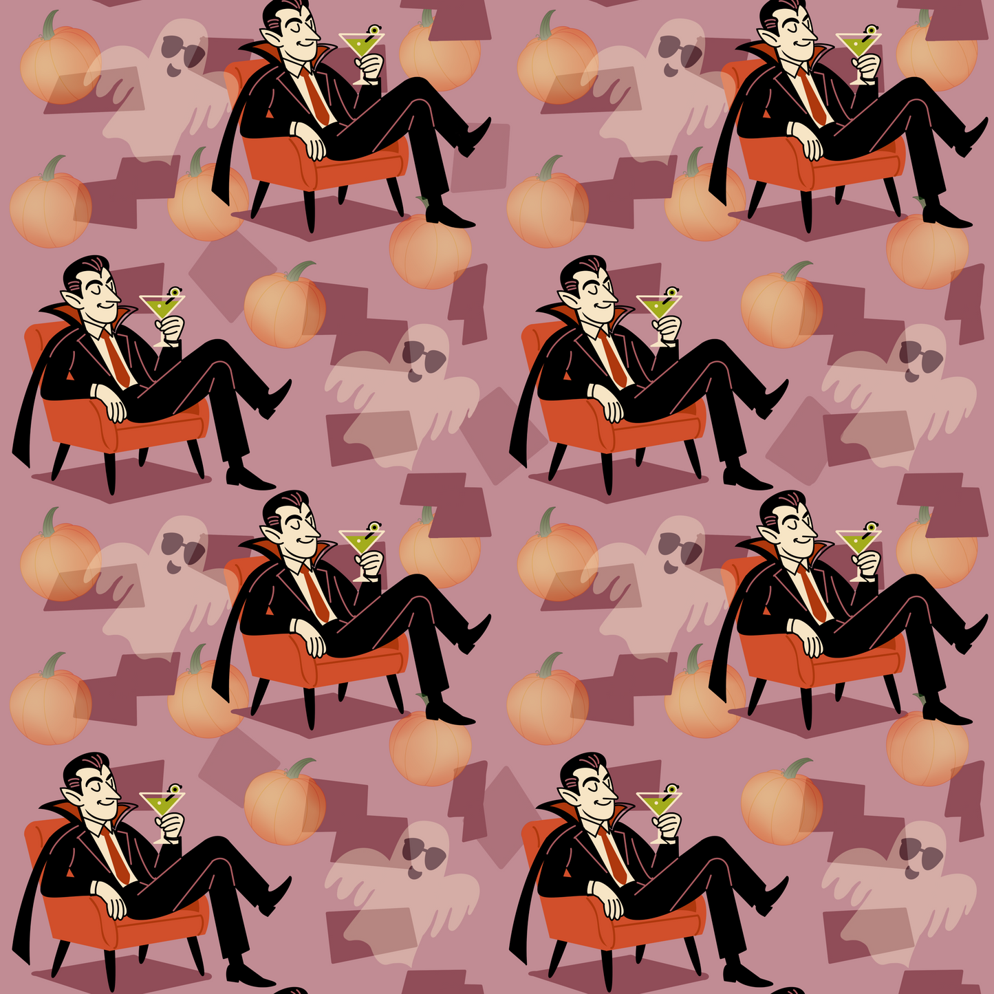 Martini Drinking Vampire Seamless Pattern | Hand Drawn | Digital Download | Commercial Use | Repeating Design | High Resolution (12X12 Inch, 300 DPI)