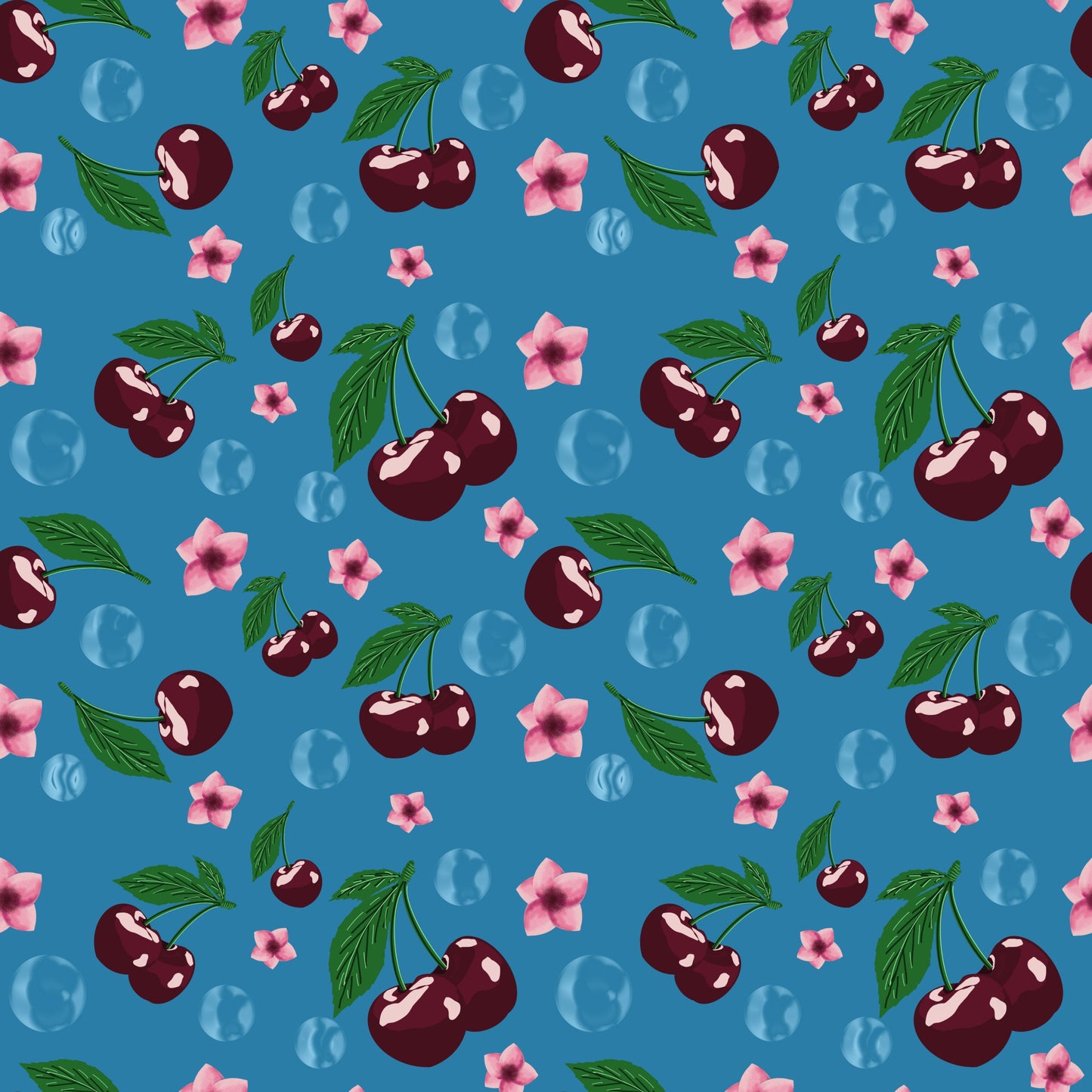 Red Cherry Seamless Pattern with Bubbles | Hand Drawn | Digital Download | Commercial Use | Repeating Design | High Resolution (12X12 Inch, 300 DPI)