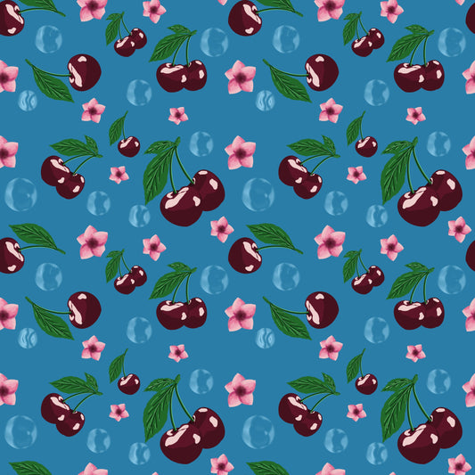 Red Cherry Seamless Pattern with Bubbles | Hand Drawn | Digital Download | Commercial Use | Repeating Design | High Resolution (12X12 Inch, 300 DPI)
