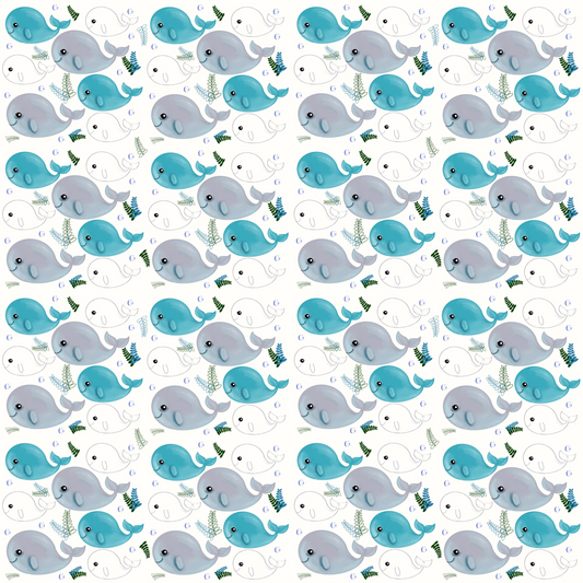 Whales Swimming| Seamless Pattern | Hand Drawn | Digital Download | Commercial Use | Repeating Design | High Resolution (12X12 Inch, 300 DPI)