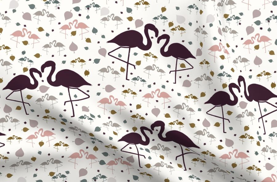 Floral fabric with a pattern of pink and purple flamingos on a white background
