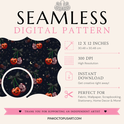Halloween Cherry Seamless Pattern with Bats & Bows – 12x12” 300 DPI Digital Download