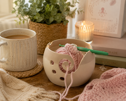 Small Artisan Yarn Bowl | Handmade 3d Crochet & Knitting Bowl | Neutral Craft Storage