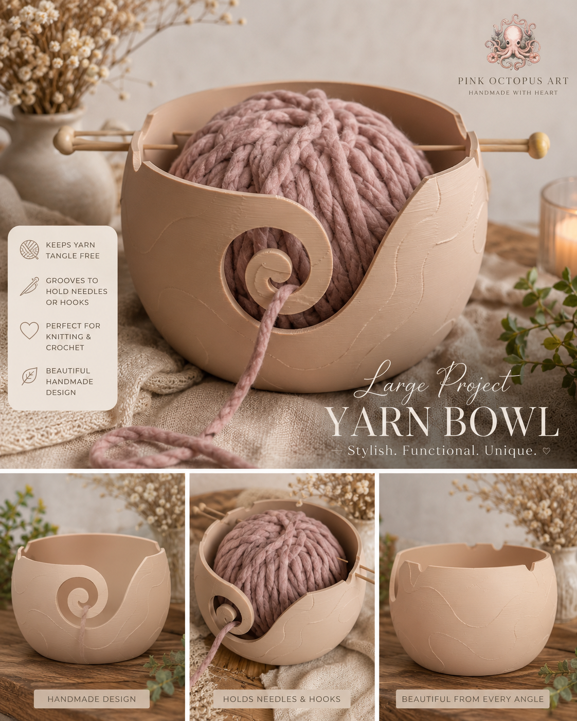 Large Artisan Yarn Bowl | Handmade Crochet & Knitting Bowl | Neutral Craft Storage