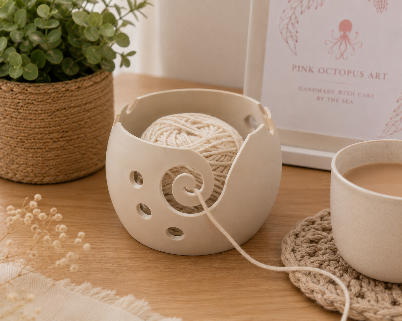 Small Artisan Yarn Bowl | Handmade 3d Crochet & Knitting Bowl | Neutral Craft Storage