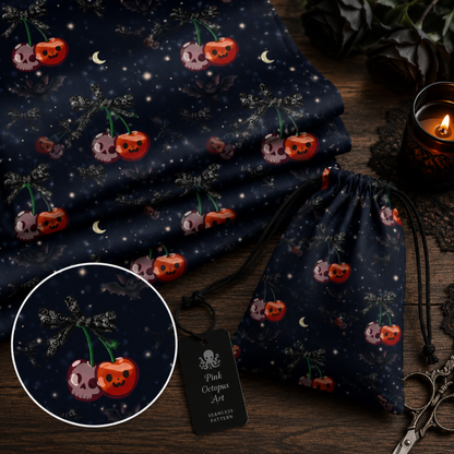 Halloween Cherry Seamless Pattern with Bats & Bows – 12x12” 300 DPI Digital Download