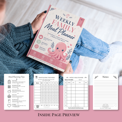 Pink Octopus Weekly Family Meal Planner 12-Week Undated Meal Planning & Budget Organiser