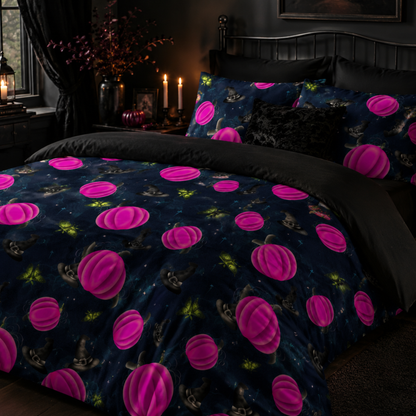 Gothic Halloween bedding mockup featuring pink pumpkins, witch hats and green moths