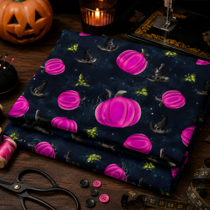 Folded Halloween fabric featuring pink pumpkin, witch hat and green moth seamless pattern