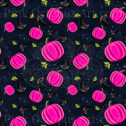 Pink pumpkin and black witch hat Halloween seamless pattern with green moths on midnight navy