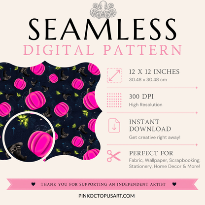 Pink pumpkin and witch hat seamless pattern 12x12 inch 300 DPI digital download information