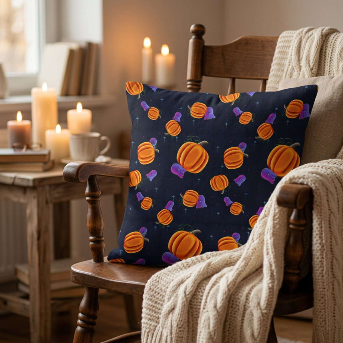 A square throw pillow with a Halloween pattern of orange pumpkins and purple ghosts on a dark navy background, styled on a wooden rocking chair in a cozy, warmly lit room with candles and a cream knit blanket.