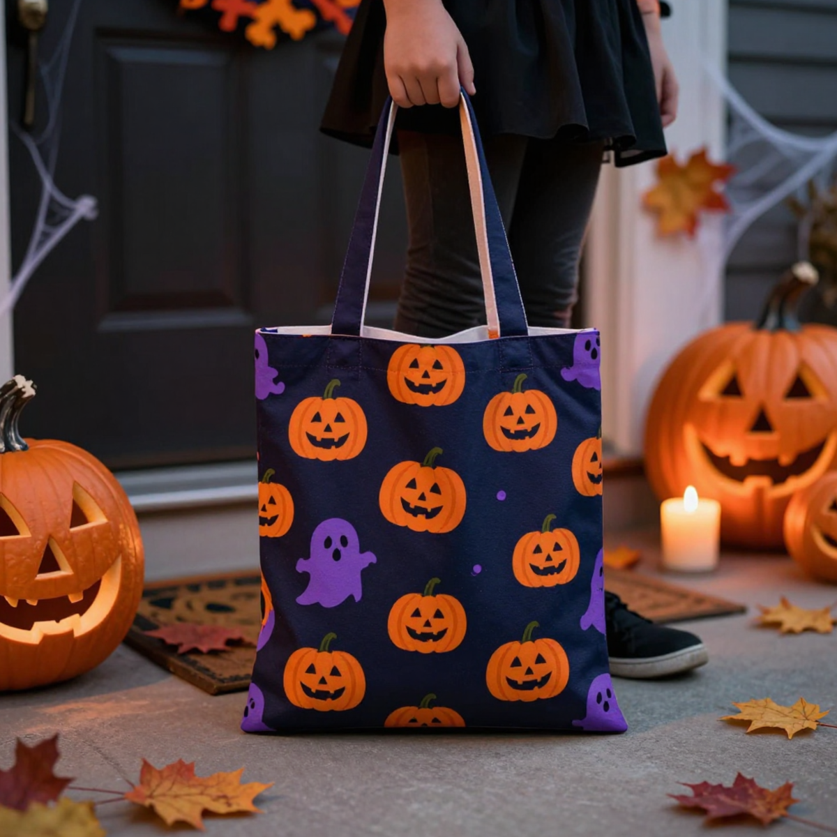 Halloween trick or treat tote featuring orange pumpkin and purple ghost seamless pattern