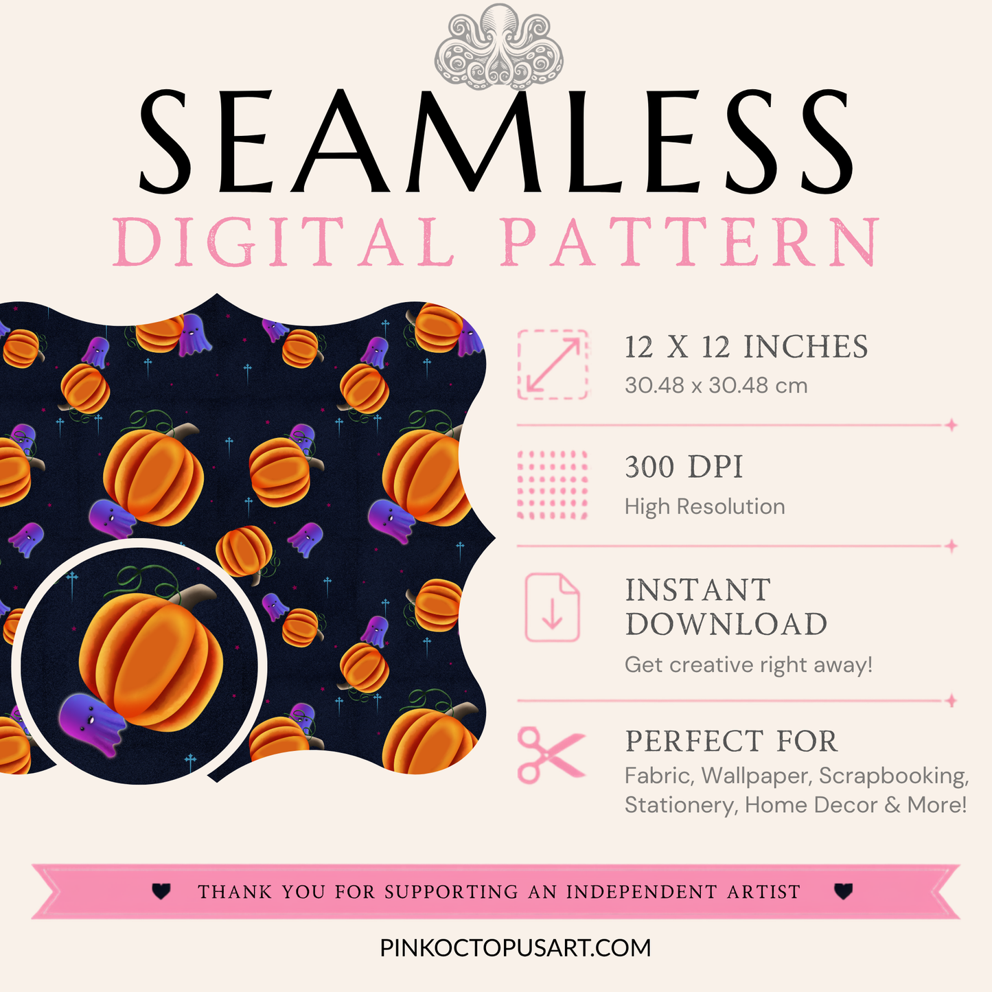 Digital pattern preview for a seamless design featuring orange pumpkins and purple acorns on a dark navy background, with text detailing the pattern's dimensions, resolution, and use cases.