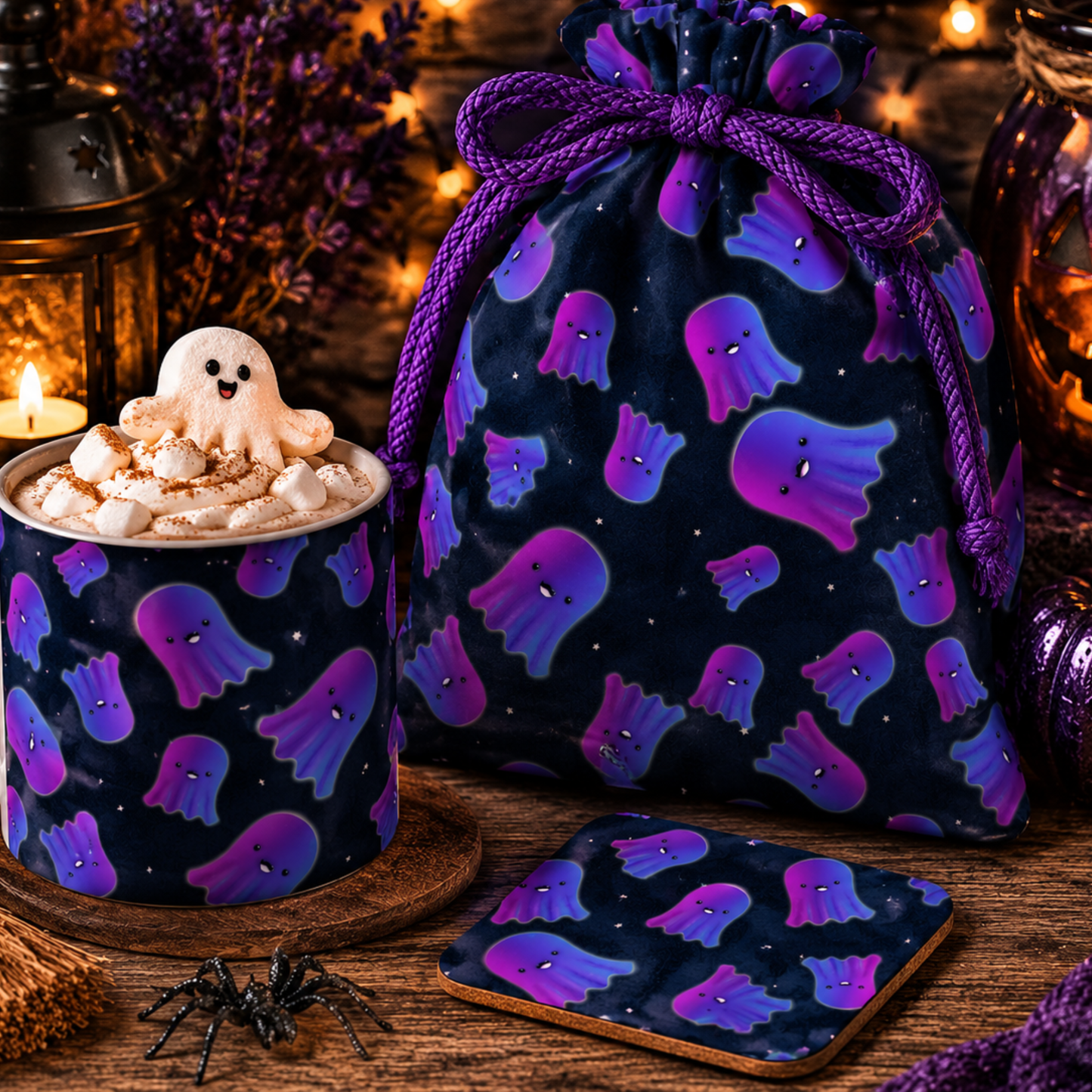 A Halloween-themed product display featuring a dark navy blue fabric drawstring bag, a matching fabric cup, and a square coaster, all printed with cute purple and blue ghosts. The setup is styled on a rustic wooden table with warm candlelight, a small spider decoration, and a marshmallow ghost on a hot cocoa cup.