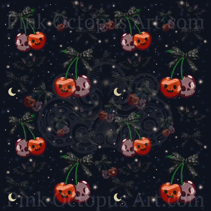Halloween Cherry Seamless Pattern with Bats & Bows – 12x12” 300 DPI Digital Download