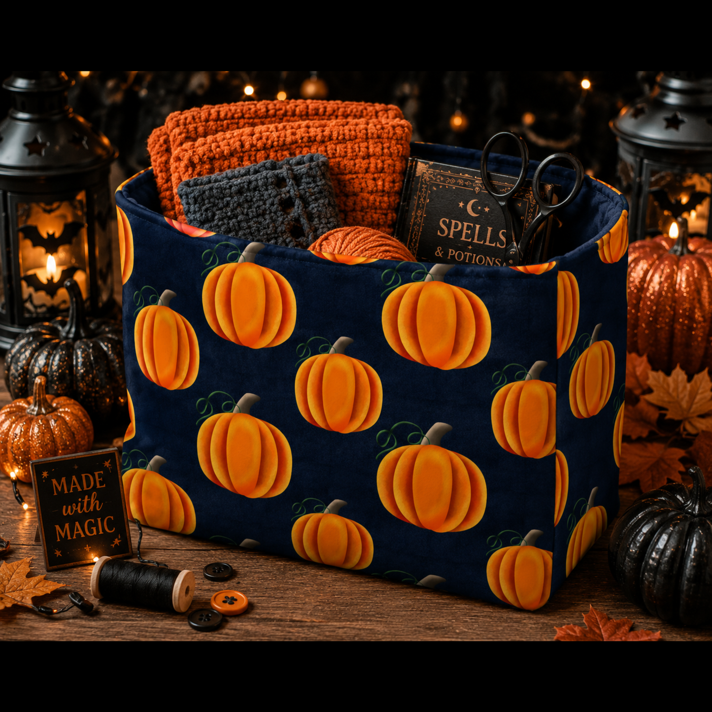 A fabric storage basket with a navy blue background and an orange pumpkin pattern, filled with crochet squares, yarn, and a book labeled 'Spells & Potions'. The basket is styled on a wooden surface with Halloween decorations including lanterns, miniature pumpkins, and autumn leaves.
