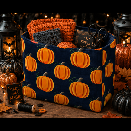 A fabric storage basket with a navy blue background and an orange pumpkin pattern, filled with crochet squares, yarn, and a book labeled 'Spells & Potions'. The basket is styled on a wooden surface with Halloween decorations including lanterns, miniature pumpkins, and autumn leaves.