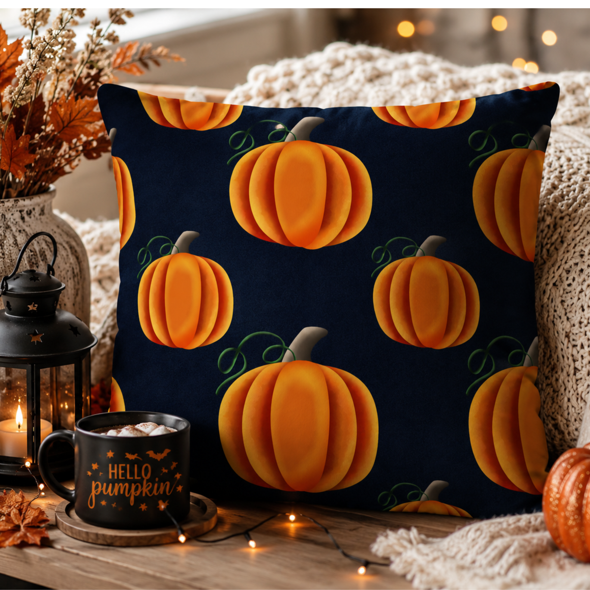 A square throw pillow with a navy blue background and a repeating pattern of orange pumpkins, styled in a cozy autumn setting with a mug, lantern, and warm lights.