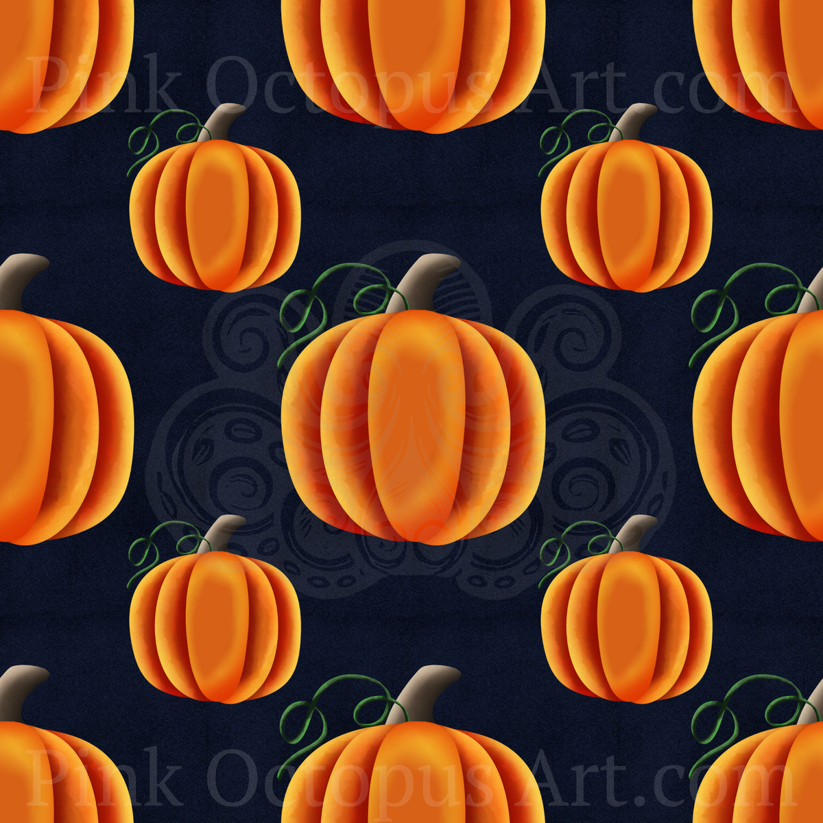 A repeating pattern of orange pumpkins with dark stems on a dark navy background, with a faint decorative swirl motif behind them and a visible 'Pink Octopus Art' watermark across the design.
