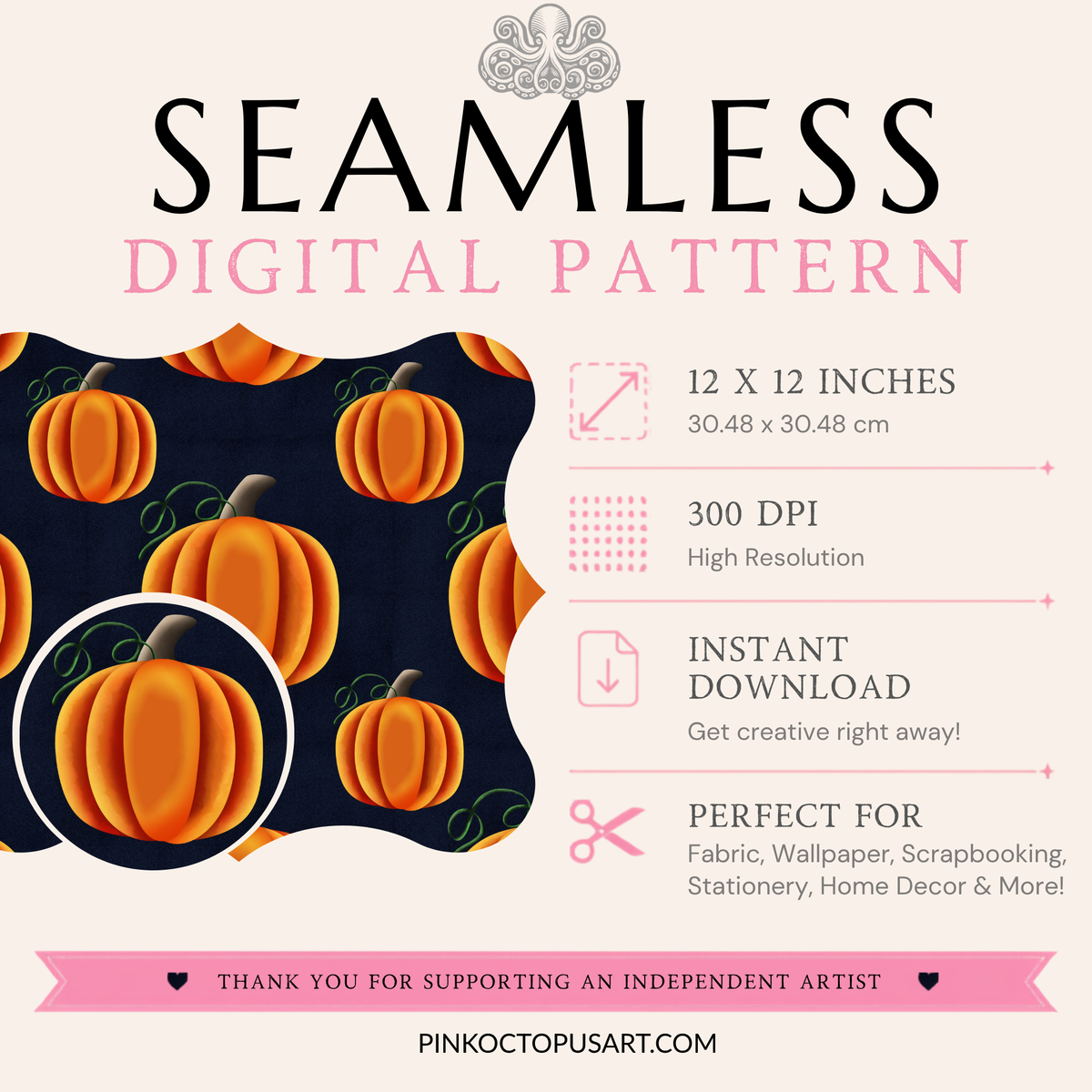 Promotional graphic for a digital seamless pattern featuring orange pumpkins on a dark navy background. The design includes text reading 'SEAMLESS DIGITAL PATTERN' with size, DPI, instant download, and use-case details, plus a pink footer with the website PINKOCTOPUSART.