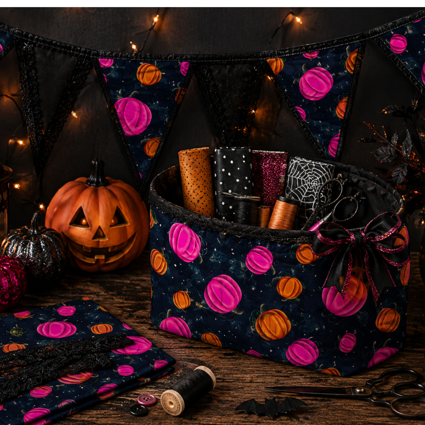 A Halloween-themed fabric storage basket filled with craft supplies, set on a rustic wooden table with a matching fabric cover, spools of thread, scissors, and a jack-o'-lantern pumpkin in the background.