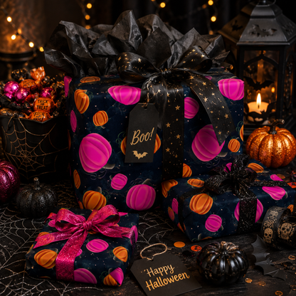 Pink and orange pumpkin Halloween pattern shown on gift wrap and Halloween gift boxes