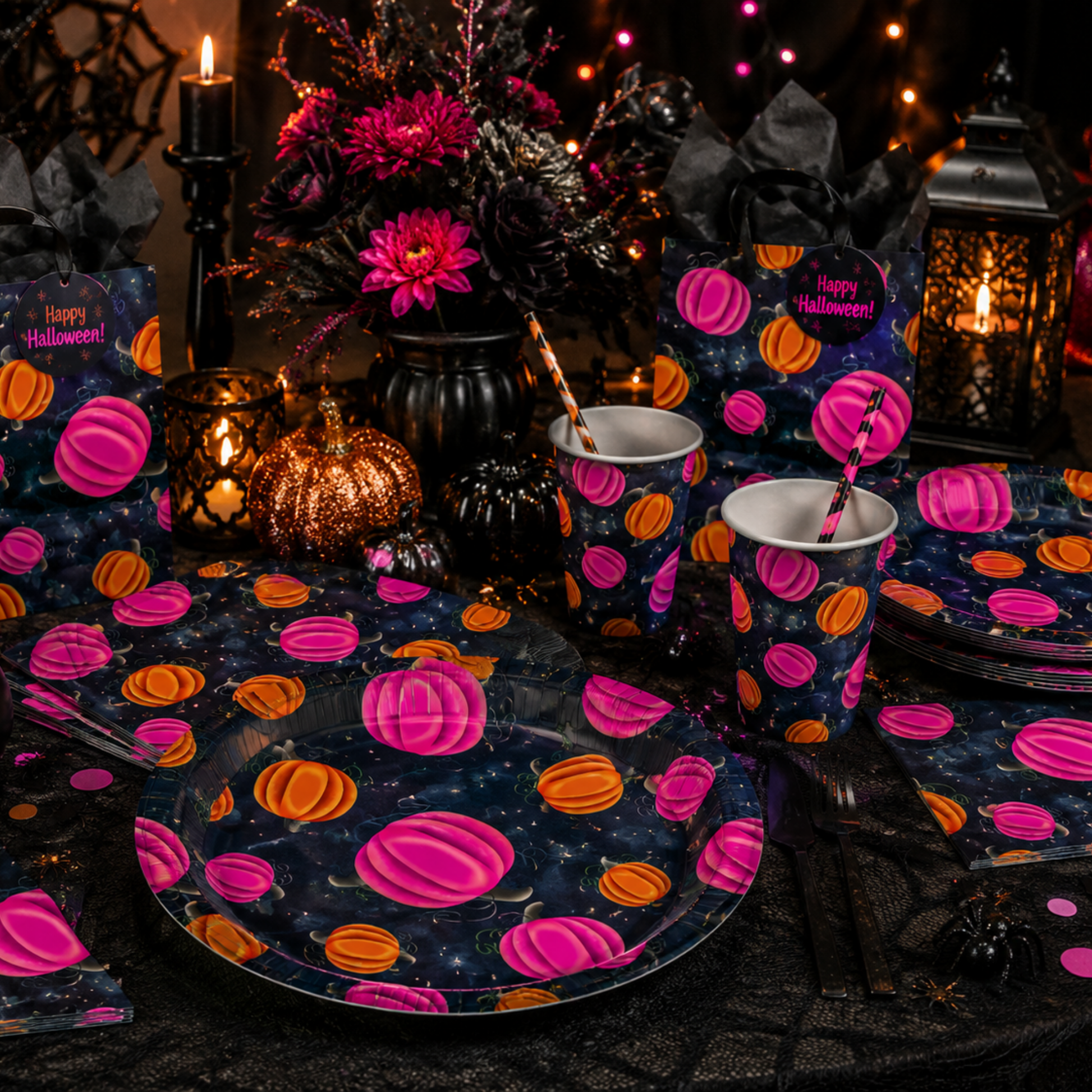Halloween party tableware set with plates, cups, napkins, and bags printed with pink and orange pumpkins on a dark starry background. The table is styled with candles, black fabric, small pumpkins, and a decorative arrangement.