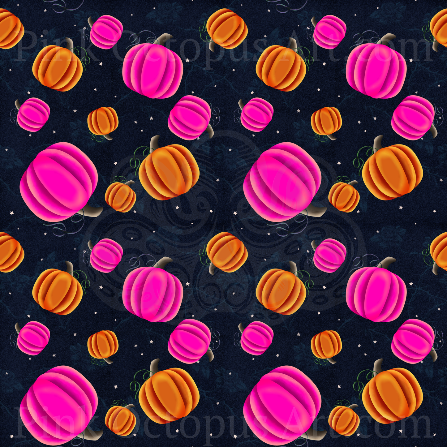 Pink and orange pumpkin Halloween seamless repeating pattern on midnight navy background