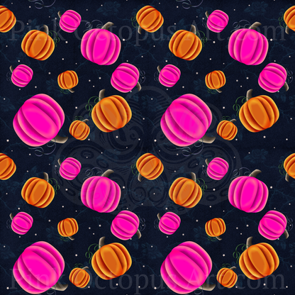 Pink and orange pumpkin Halloween seamless repeating pattern on midnight navy background