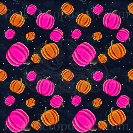 Pink and orange pumpkin Halloween seamless repeating pattern on midnight navy background