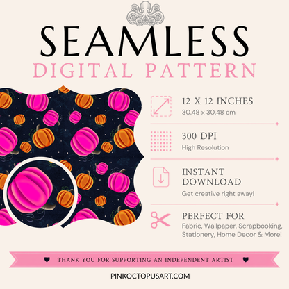 Digital pattern preview for a seamless design featuring pink macarons and orange pumpkins on a dark navy starry background, with text detailing dimensions, resolution, instant download, and use cases.