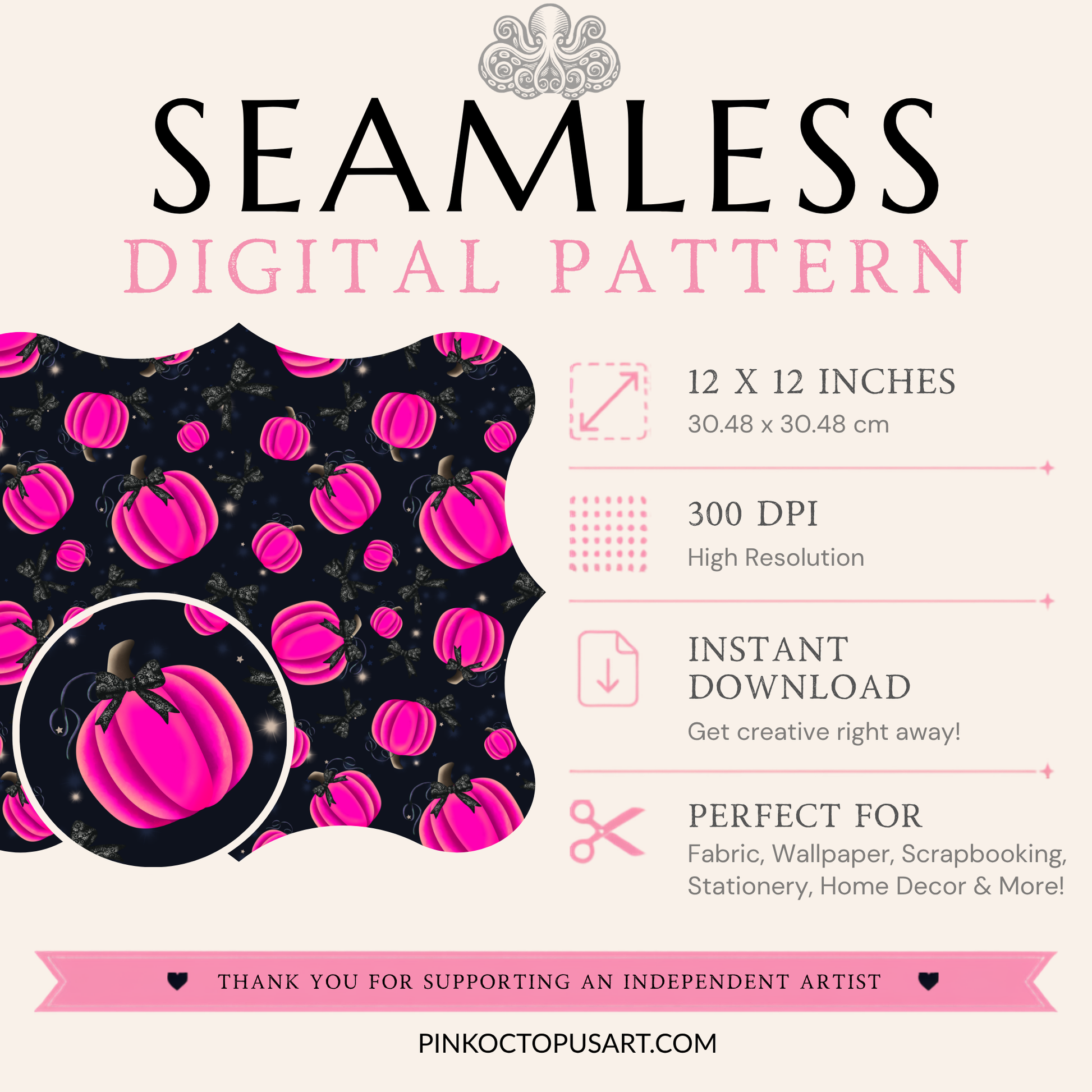 Pink pumpkin Halloween seamless pattern digital download showing 12x12 inch and 300 DPI file details