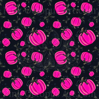 Pink pumpkin and black lace bow Halloween seamless repeating pattern on midnight navy
